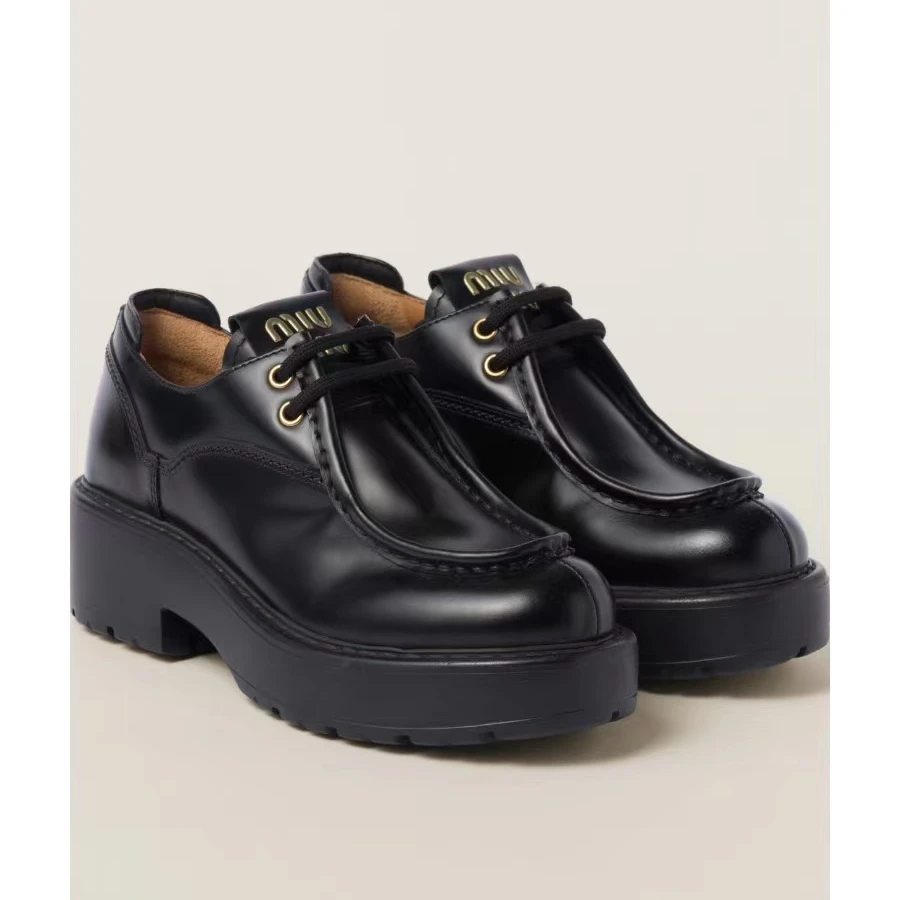未使用 MIU MIU/缪缪 经典字母LOGO系带厚底乐福鞋皮鞋