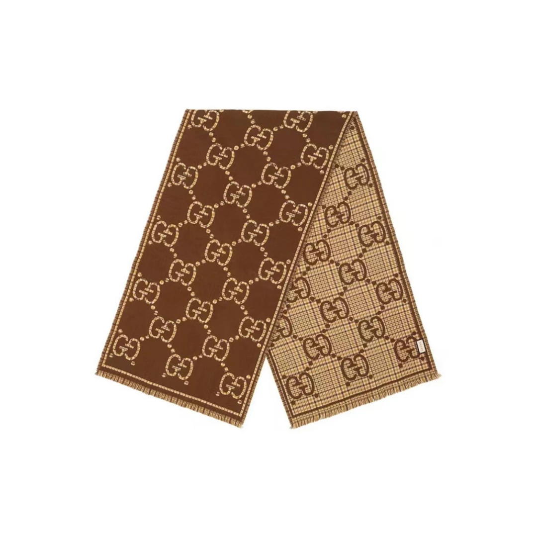 全新未使用 GUCCI/古驰 24秋冬经典双G格纹羊毛双面撞色围巾  现