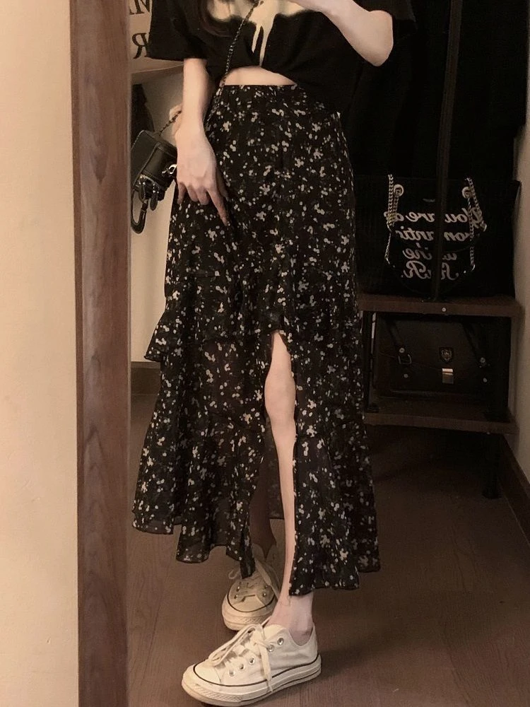 大码2025新款碎花荷叶边开衩中长款半身裙胖MM夏季荷叶边A字裙女