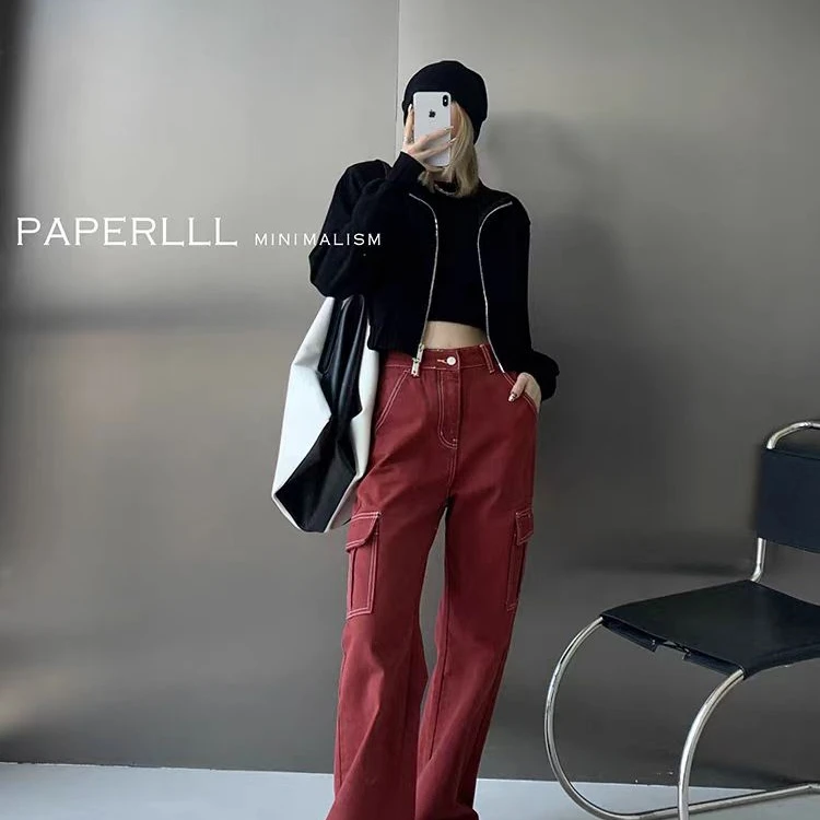 秋冬新款牛仔工装女裤时尚显瘦潮流复古红直筒长裤弹力棉厚裤子