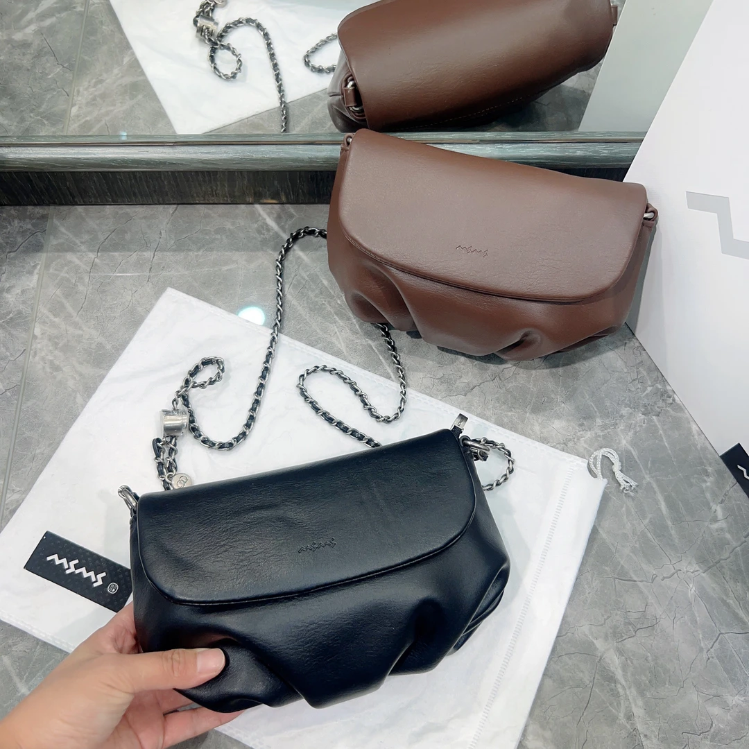 【玛莎玛索】牛皮女士时尚百搭小众休闲肩包黑色链条包腋下简约真皮