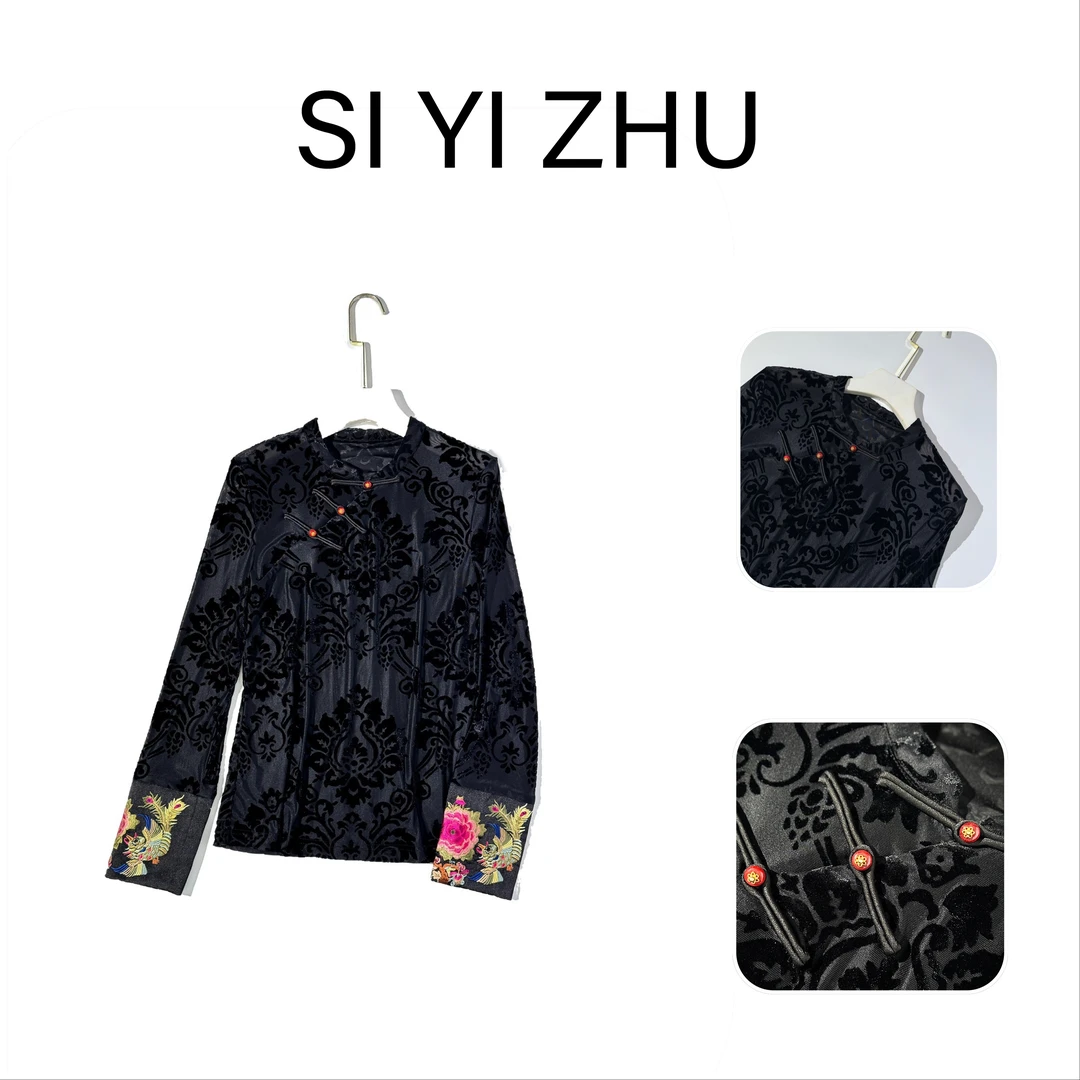 【丝意竹】【22C557】长袖复古中国风烧化衬衫时尚新中式盘扣衬衣女