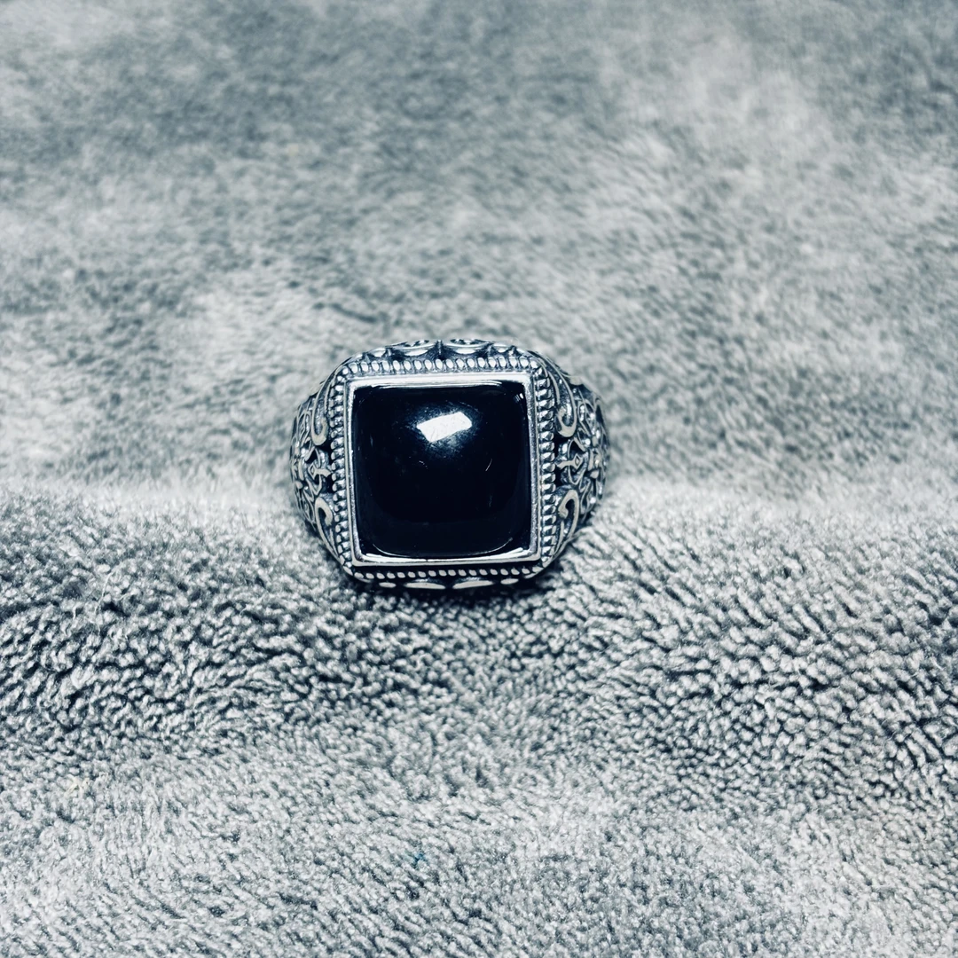 纯天然和田玉戒指银s925镶嵌黑色戒指银戒指开口戒时尚情侣复古