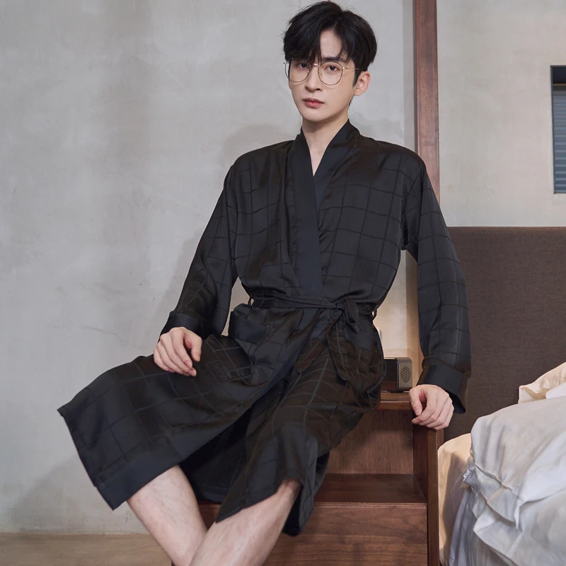 睡袍男士春秋款夏季长袖冰丝睡衣高级感中长款浴袍浴衣家居服薄款