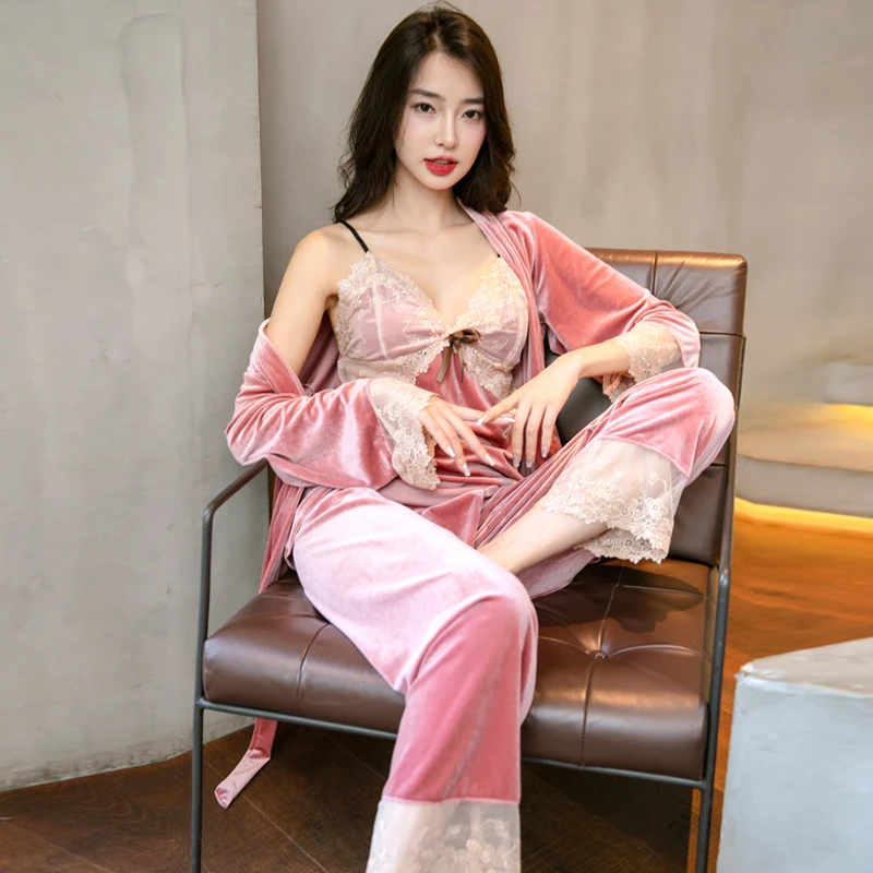 金丝绒睡衣女春秋冬季2022年新款高级感长袖吊带睡袍性感三件套装