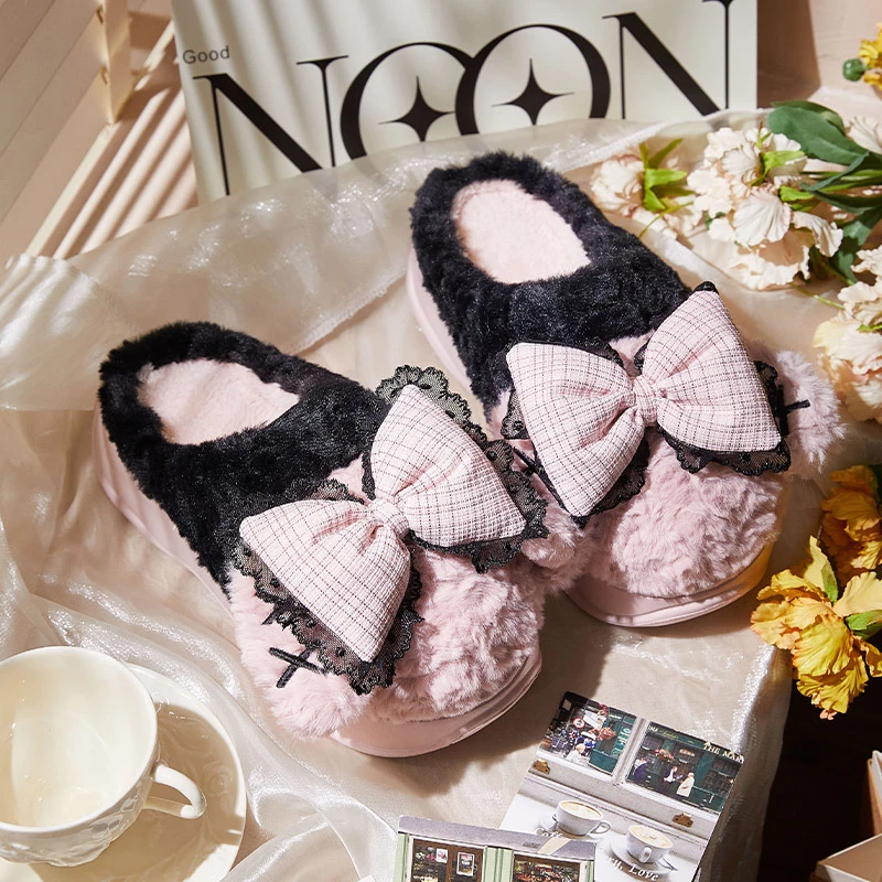 环球少女粉蝴蝶结棉拖鞋女2024冬季新款加绒保暖室内居家厚底棉鞋