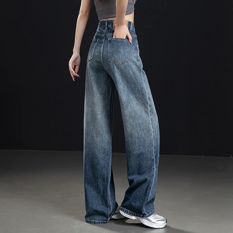 渐变牛仔裤宽松阔腿裤女春季2026新款高腰垂感直筒裤显瘦拖地长裤