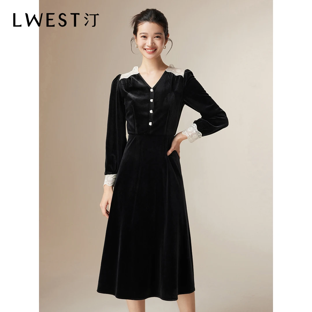 【籽言专属】朗文斯汀蕾丝拼接显瘦丝绒连衣裙DTML4508D12722