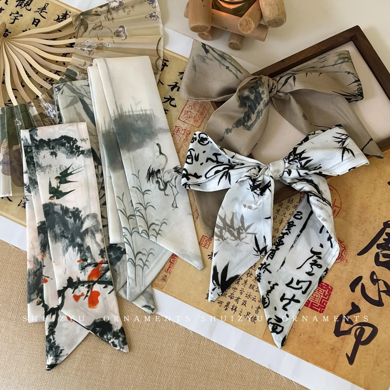 古风水墨画长条丝巾发带女夏季绑头发发绳2023新款蝴蝶结飘带发饰