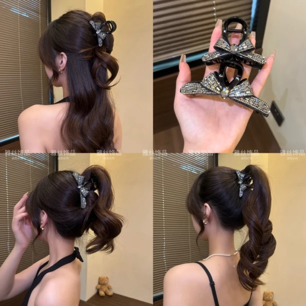 超闪蝴蝶结抓夹高级感轻奢气质优雅发抓后脑勺盘发鲨鱼夹发饰