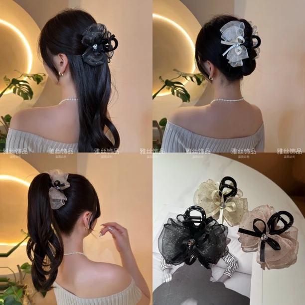 夏季新款蝴蝶结网纱褶皱盘发抓夹高级感优雅气质时尚温柔甜美发夹