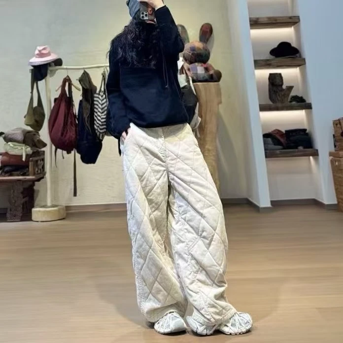 忆古朴拙241132时尚百搭气质款坑条切格休闲棉裤