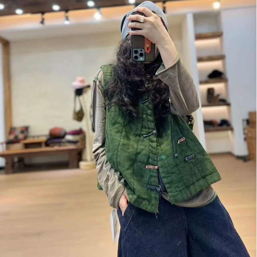 忆古朴拙原创设计复古休闲风色织亚麻斜襟盘扣棉背心马甲240933