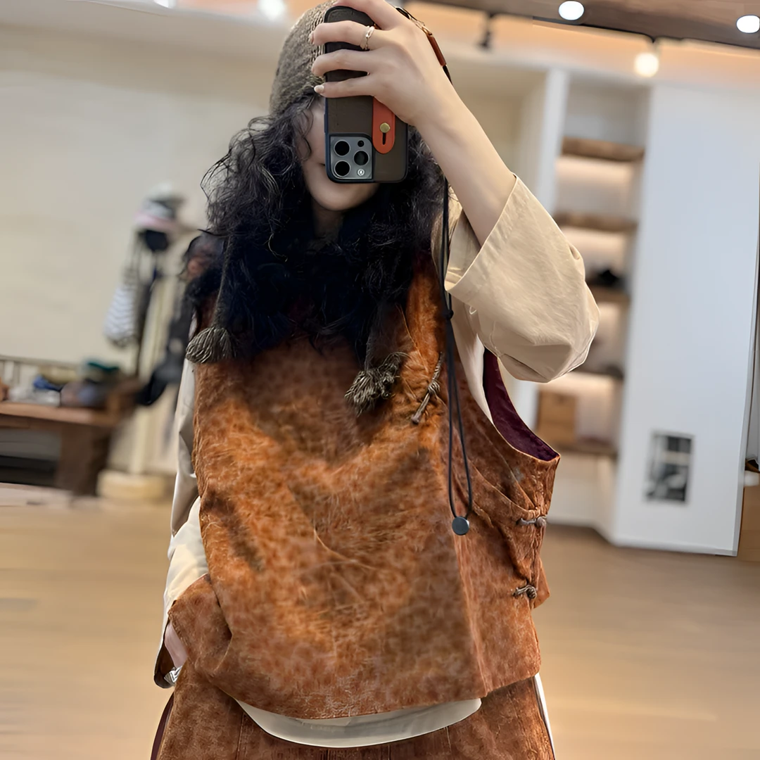 忆古朴拙2410701 休闲宽松文艺复古印花双层色织亚麻斜襟盘扣马甲