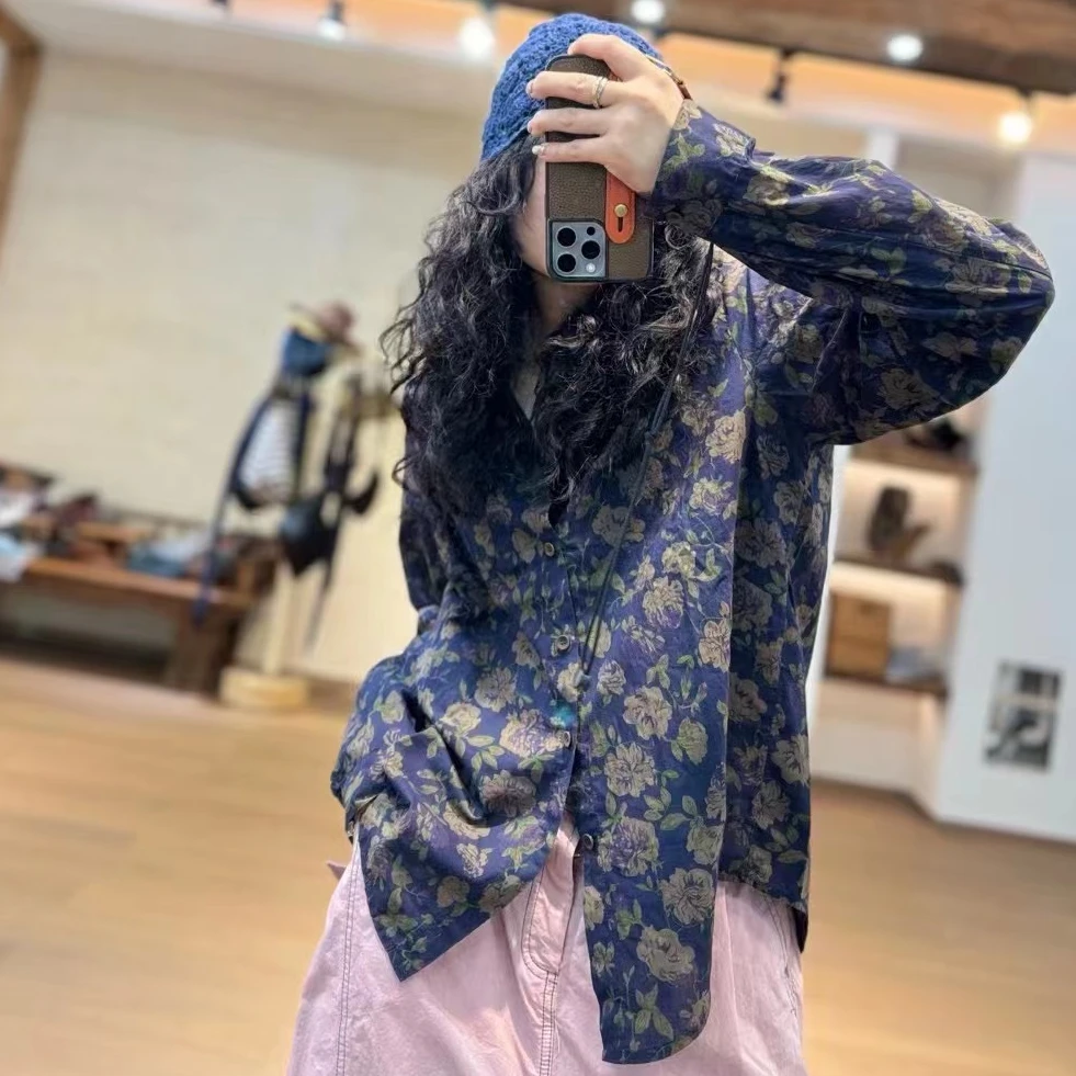 忆古朴拙 240810 秋款复古立领显瘦丝绵百搭印花衬衫