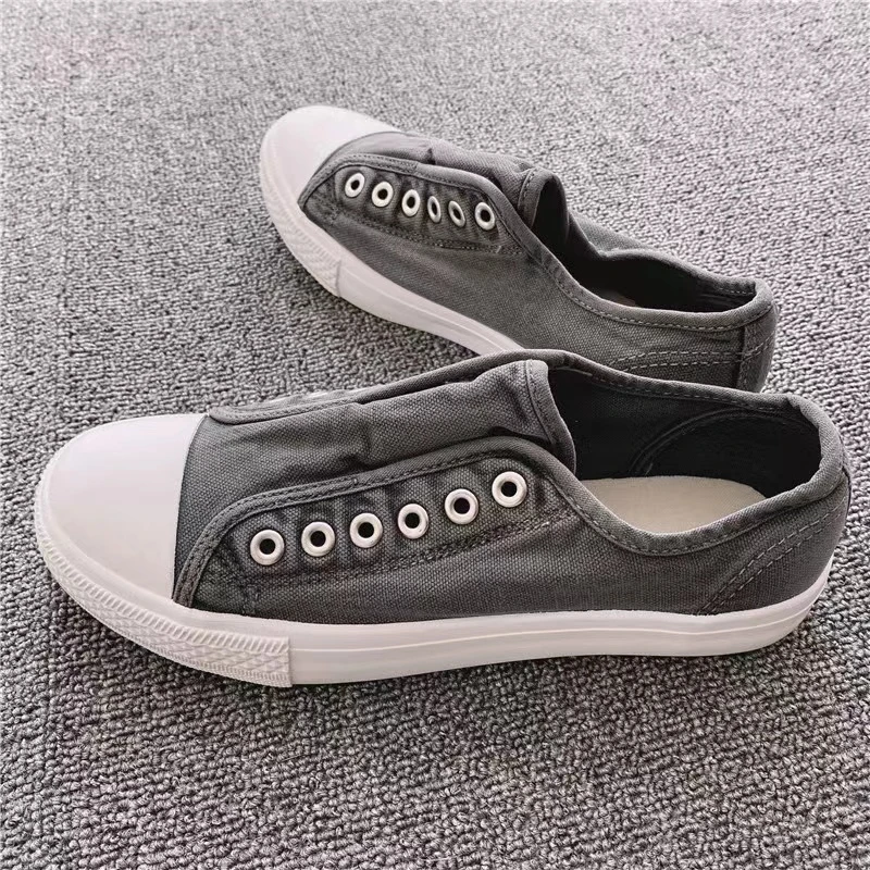 新款女鞋帆布鞋水洗做旧圆头女款低帮板鞋百搭通用纯色休闲帆布鞋