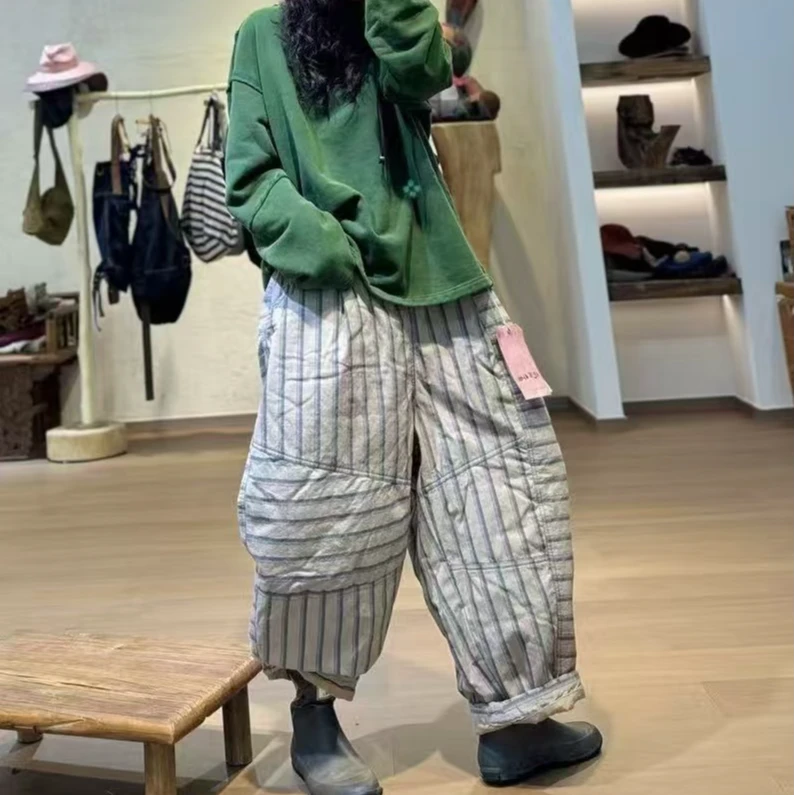 忆古朴拙品质气质休闲色织拼接休闲保暖棉裤240721