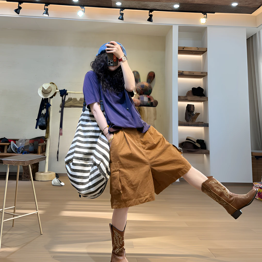 忆古朴拙240638 百搭夏季纯色日系宽松色织棉后口袋撞色线工装裤