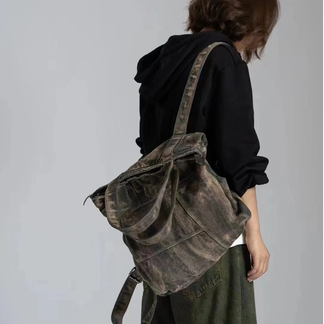 90510 休闲复古水洗做旧帆布手提包 双肩包 两用