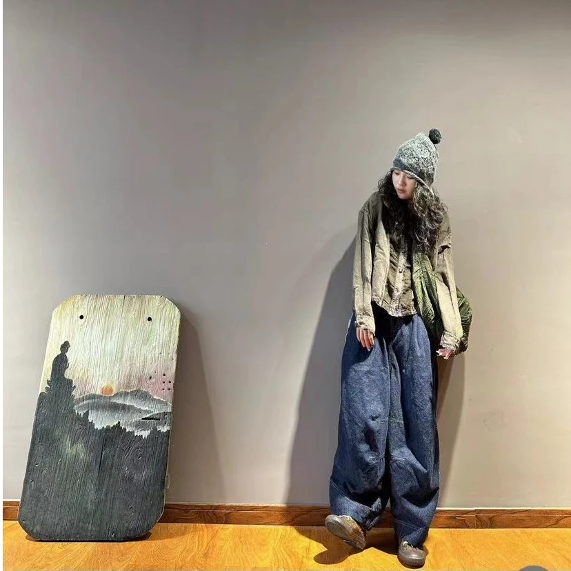 沐布衣23612秋季做旧设计师混纺点子纱亚麻百搭复古休闲裤裤女