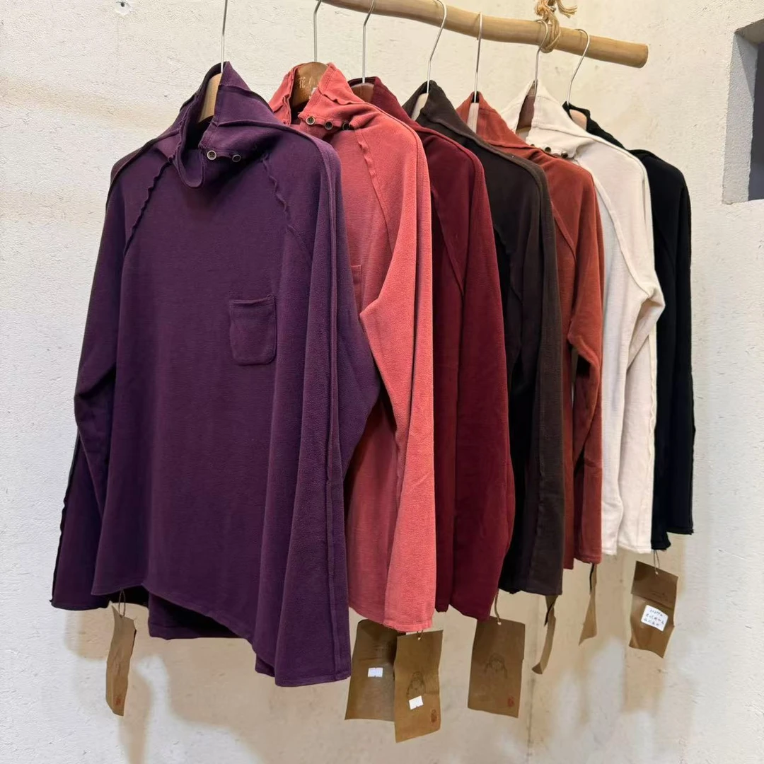 忆古朴拙 秋冬德绒半高领扣子设计感 拼接打底卫衣长袖百搭24299