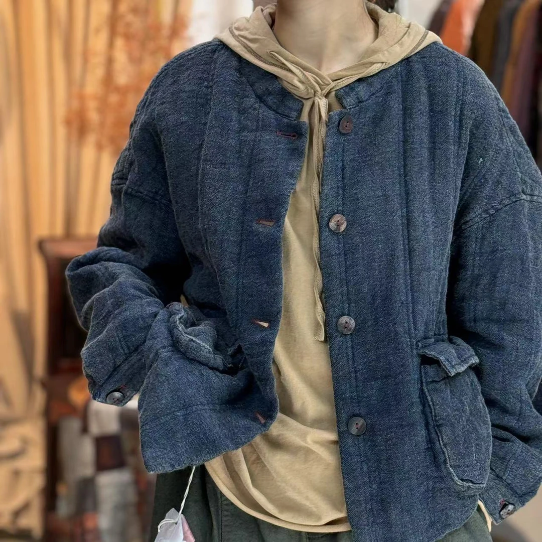 忆古朴拙230807秋冬加厚复古做旧斜纹色织亚麻立领大口袋棉服女