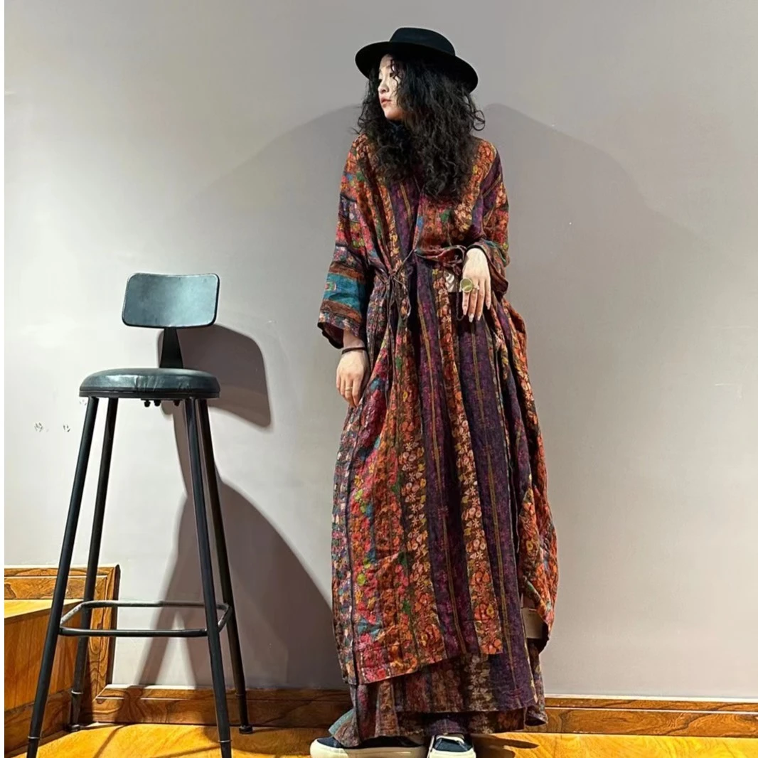 忆古朴拙210524原创设计复古文艺色织亚麻斜襟系带气质连衣裙袍子