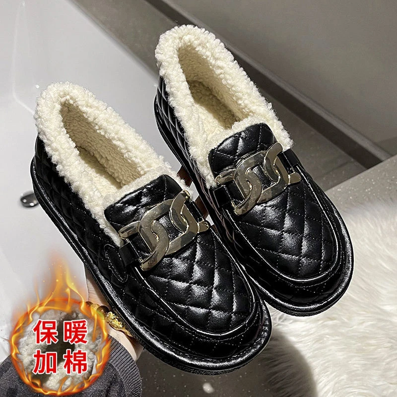 冬季2023新款厚底防水软底豆豆鞋韩版加绒加厚平底棉鞋一脚蹬懒人