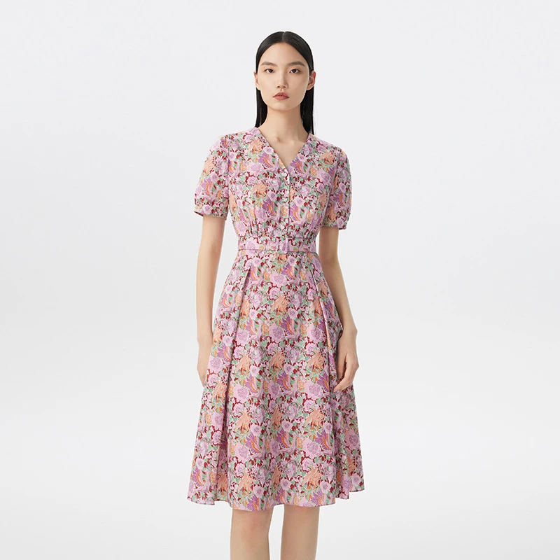 LANCY/朗姿女装连衣裙碎花显瘦气质长裙时尚夏季收腰修身印花