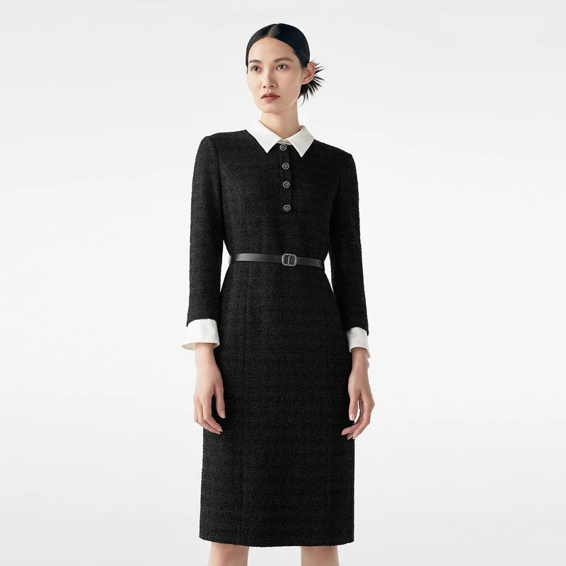 【宋佳推荐】LANCY/朗姿秋冬新款长袖小香风黑色连衣裙女系带