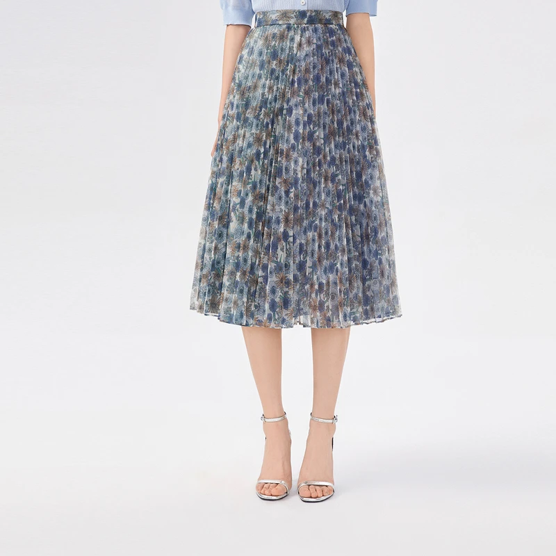 LANCY/朗姿夏季新款高腰中长款百褶植物印花半身裙子女