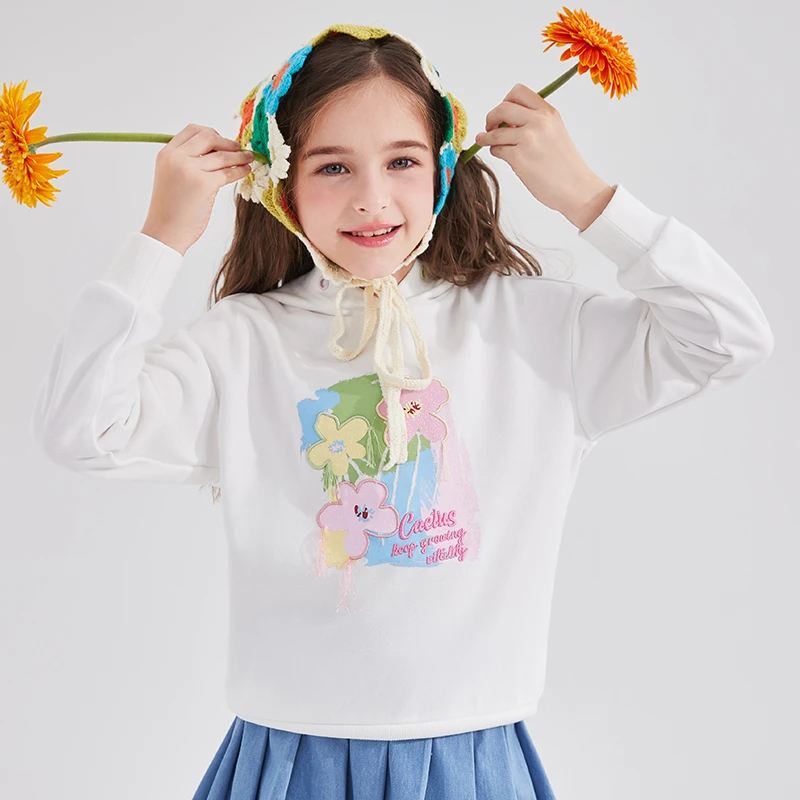 笛莎卫衣女童24春装儿童撞色印花连帽落肩时尚连帽衫-732412301