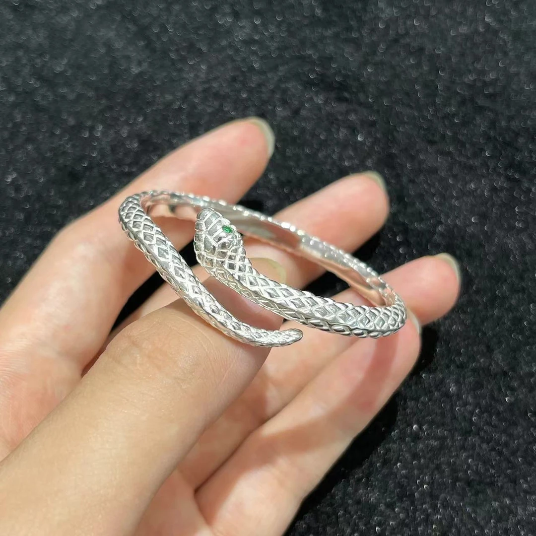 足银银制品 【闪闪珠宝】足银999.9绿眼睛盘蛇开口手镯 CAN2780319