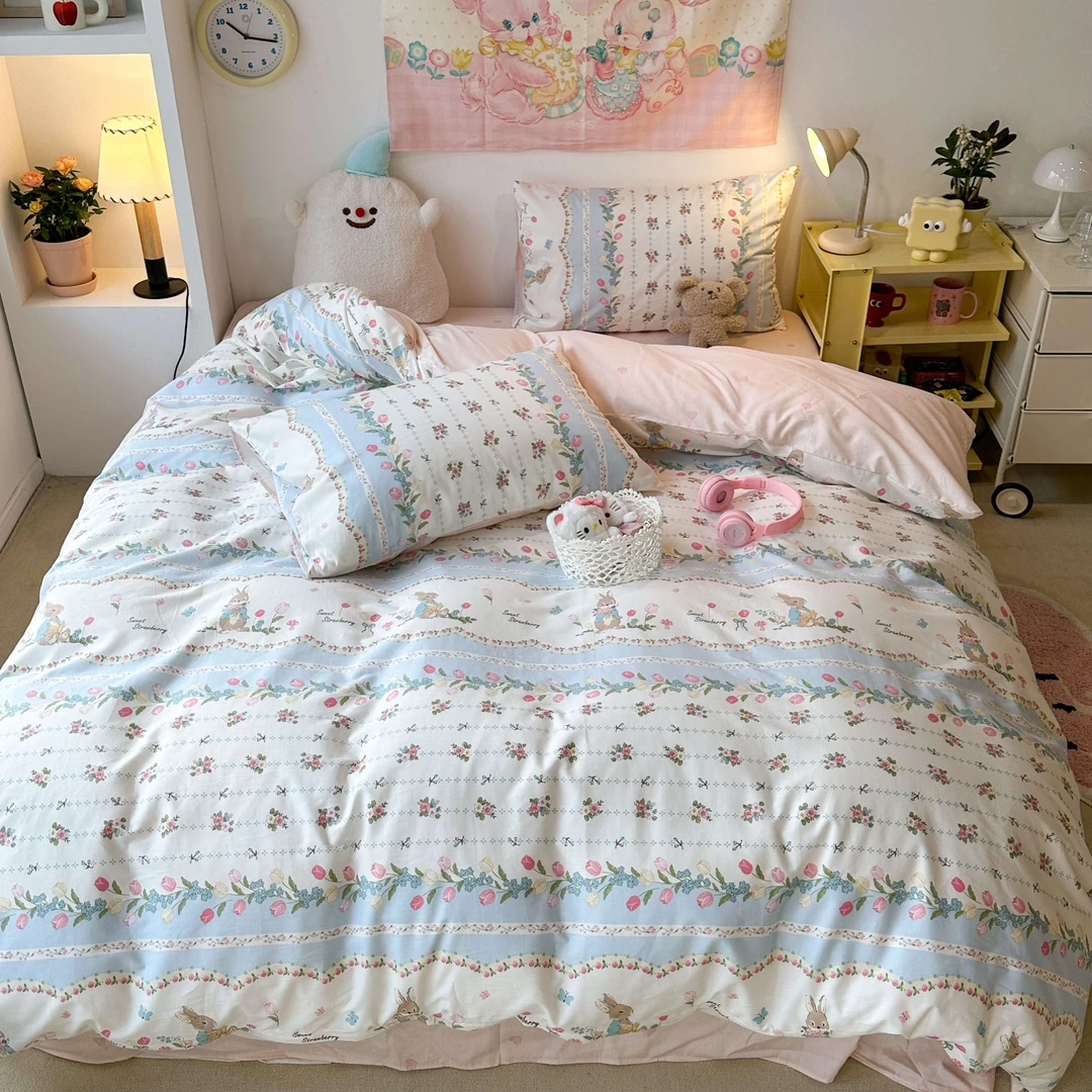 少女心碎花兔子纯棉印花四件套田园小清新全棉被套可爱宿舍三件套