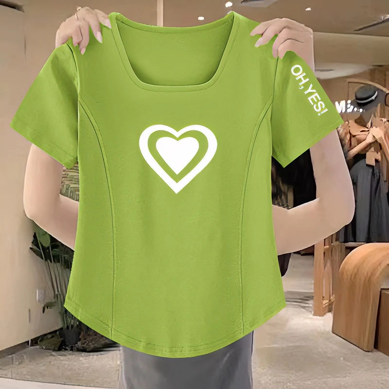 薄款夏季洋气方领T恤高档时尚显瘦遮肉不规则小众百搭印花女士T恤