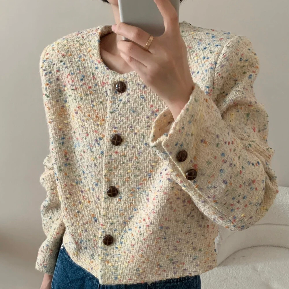 复古气质彩色小香风外套女秋季高级感宽松洋气百搭短款粗花呢上衣