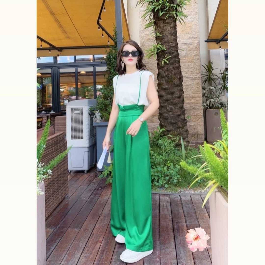 金思思【私服定制】夏季气质优雅百搭显瘦减龄背带阔腿裤休闲套装