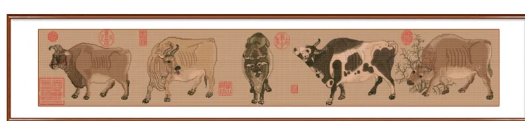 新款十字绣成品五牛图古娟布中格三股430×90