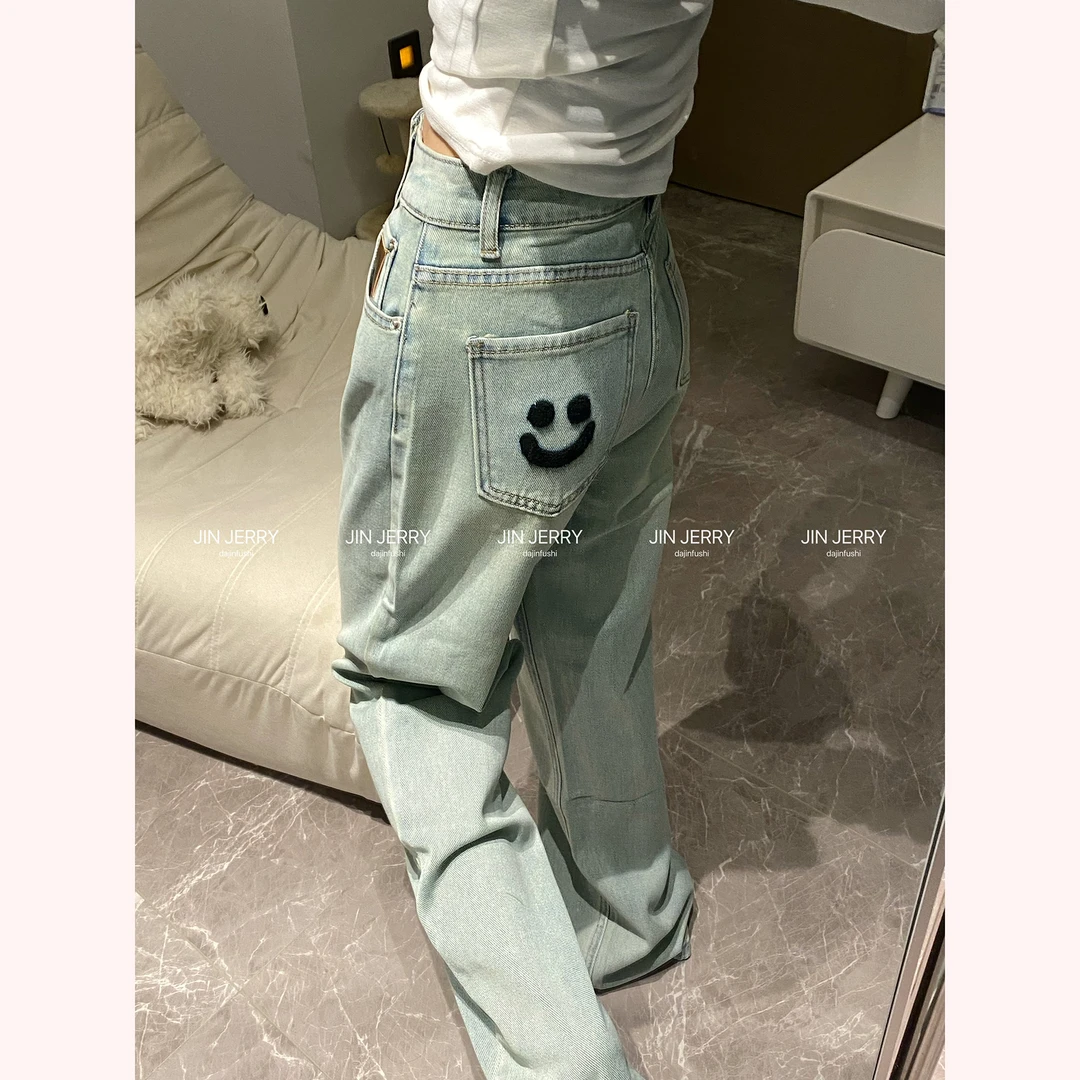 【海盐笑脸 春季新款】显瘦高腰直筒牛仔裤宽松设计休闲小众直筒裤