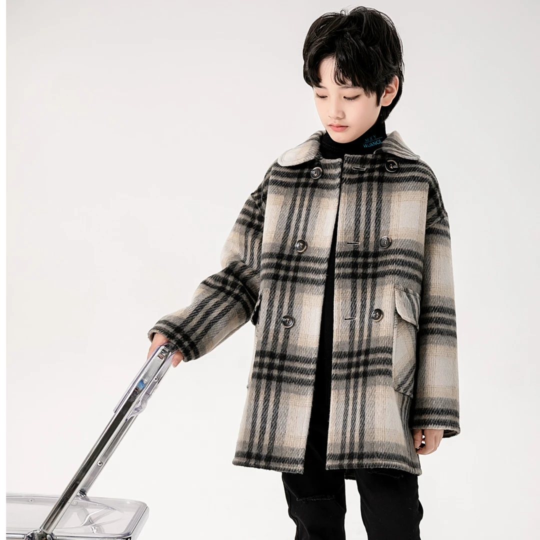 男女童2023秋冬新款双面绵羊毛大衣中长韩版双面呢外套9031格子