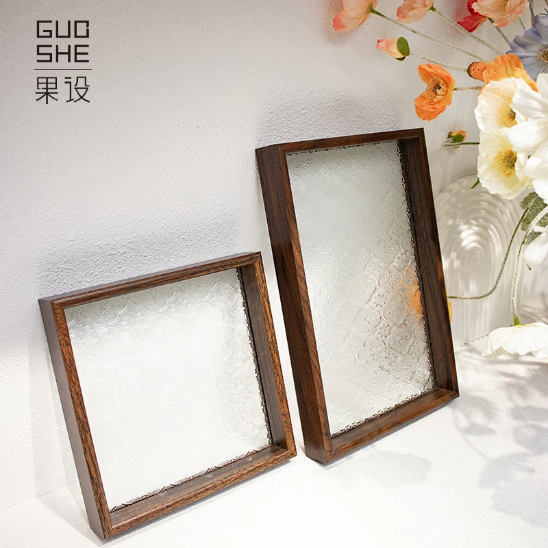 复古海棠花玻璃托盘长方形盘家用胡桃木色茶盘杯子收纳水果点心盘