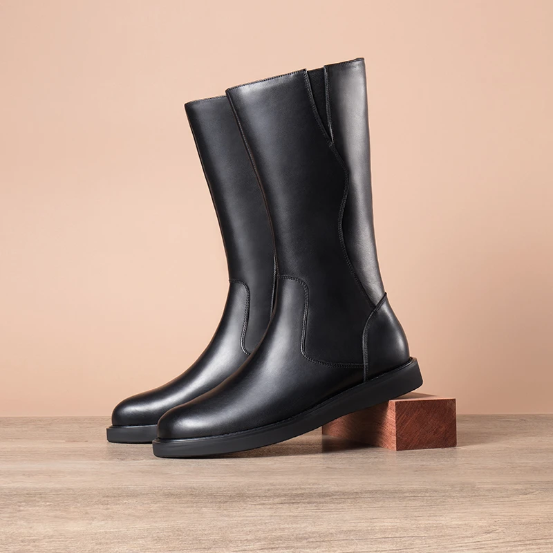 【增高3公分 有加绒】时尚骑士靴英伦真皮长筒靴高帮男士马靴