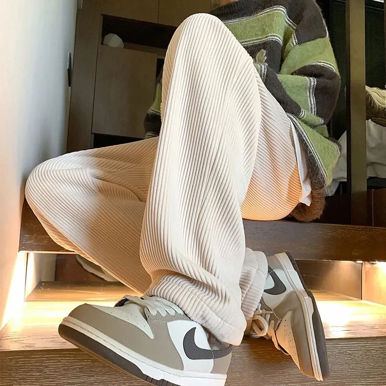 潮牌厚款加绒垂感休闲长裤子男生灯芯绒卫裤男秋冬宽松直筒阔腿裤