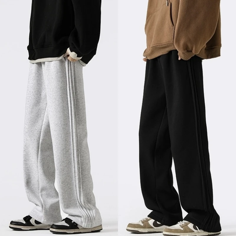 美式复古条纹运动卫裤男生灰色大码直筒裤春秋款宽松休闲阔腿长裤