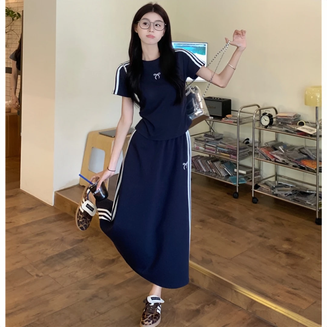 2024夏季新款三条杠短袖t恤上衣女装休闲运动印花高腰A字裙半身裙