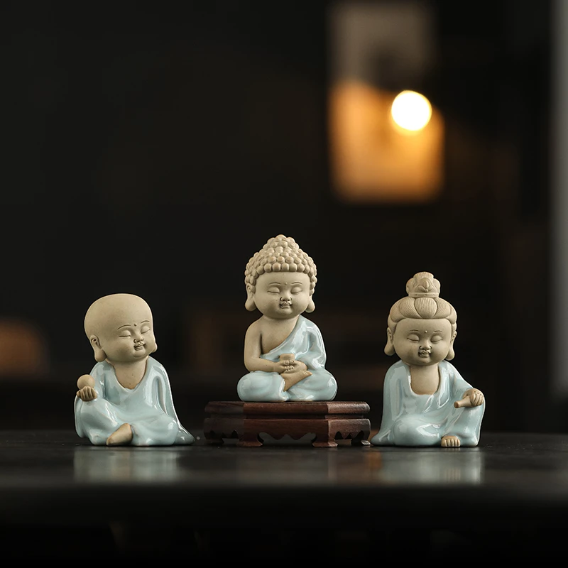 中式陶瓷三圣如来观音地藏摆件精品汝窑开片佛系禅意家居装饰品
