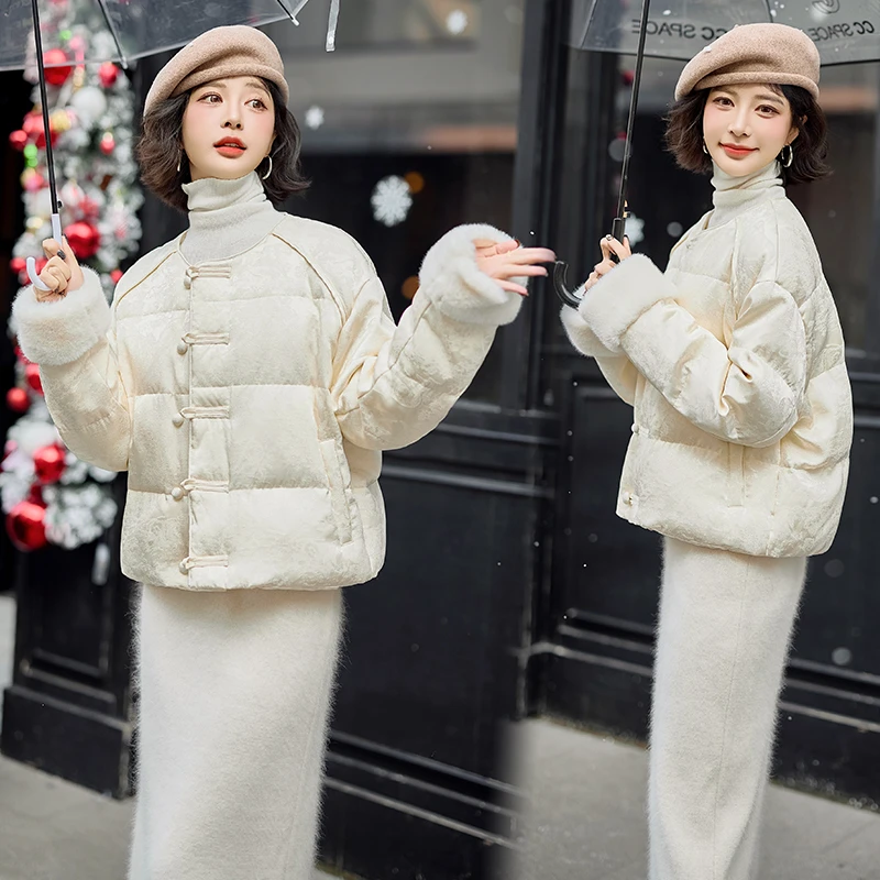 小个子新中式国风复古盘扣提花洋气时髦短款白鸭绒羽绒服冬季爆款