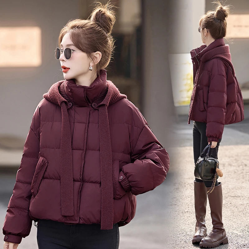 小个子韩版时尚气质针织连帽休闲洋气短款白鸭绒羽绒服冬季爆款