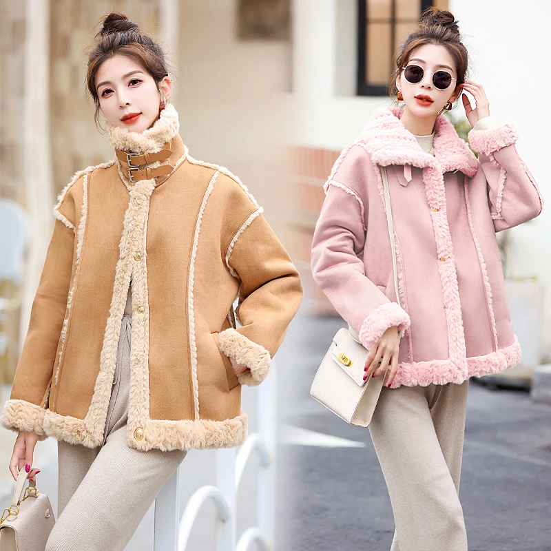 韩版宽松时尚气质加绒加厚保暖休闲短款皮毛一体毛毛外套冬季爆款