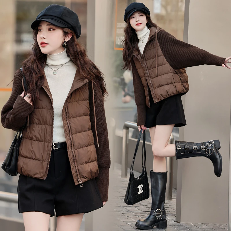 韩版休闲小个子冬季新款宽松时尚小众拼接连帽短款白鸭绒羽绒服